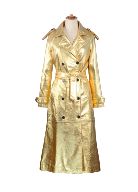Gold trench coat on a mannequin against 