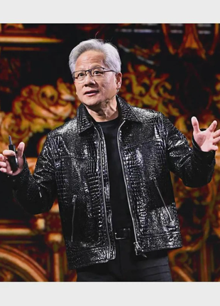 Man wearing a shiny black jacket with a colorful