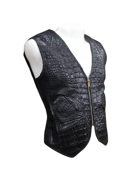 Black crocodile-patterned leather vest on a mannequin against 