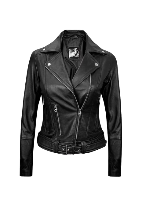 Black leather jacket with a visible brand logo 