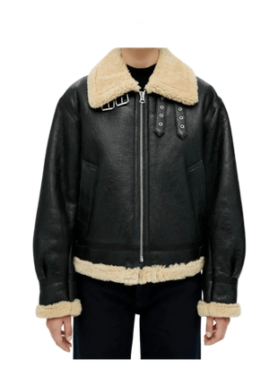 Black leather jacket with beige fur collar and cuffs 