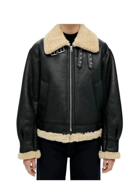 Black leather jacket with beige fur collar and cuffs 