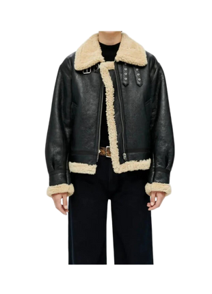 Black leather jacket with beige shearling collar and cuffs