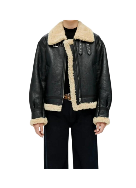 Black leather jacket with beige shearling collar and cuffs