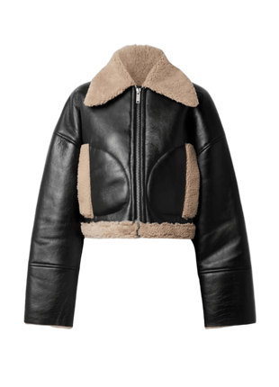 Black leather jacket with beige shearling collar and cuffs 