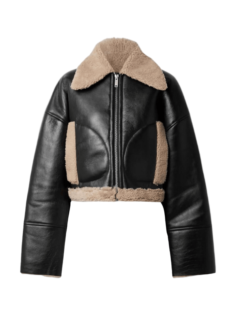Black leather jacket with beige shearling collar and cuffs 