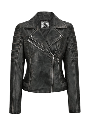 Black leather jacket with visible branding 
