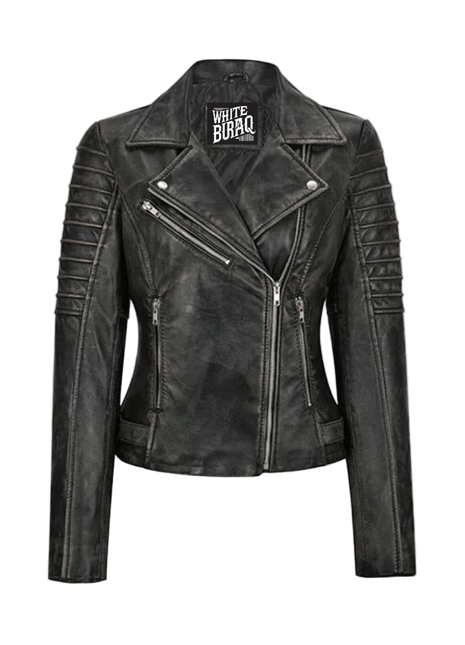 Black leather jacket with visible branding 