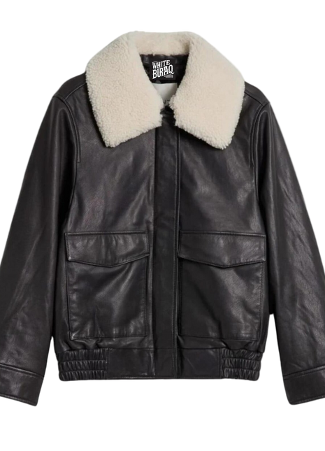 Black leather jacket with white fur collar 