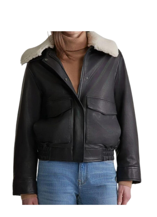 Black leather jacket with white fur lining 