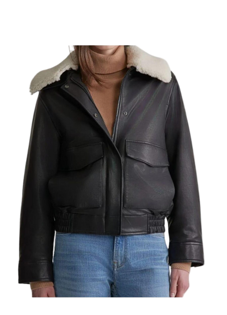 Black leather jacket with white fur lining 