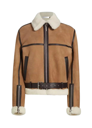 Brown leather jacket with white fur lining 