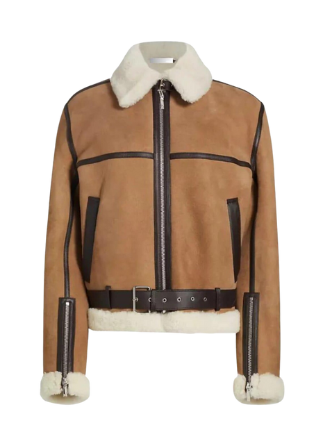 Brown leather jacket with white fur lining 