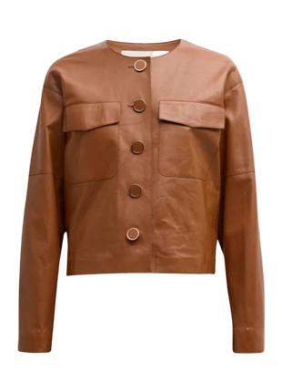 Brown leather jacket with button details 