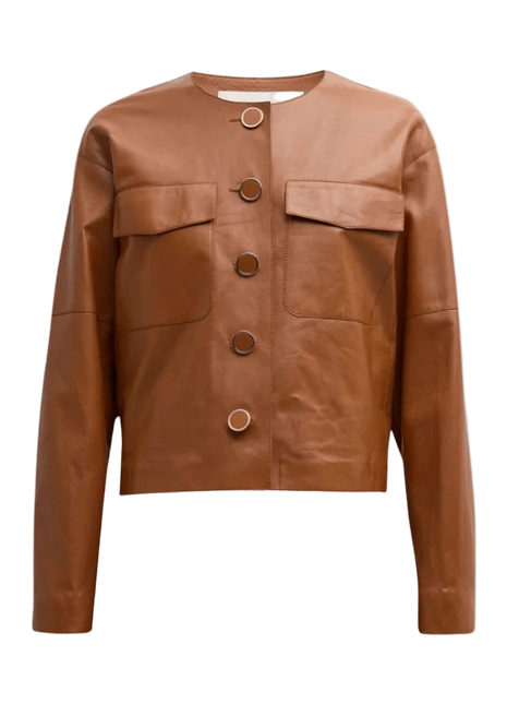 Brown leather jacket with button details 