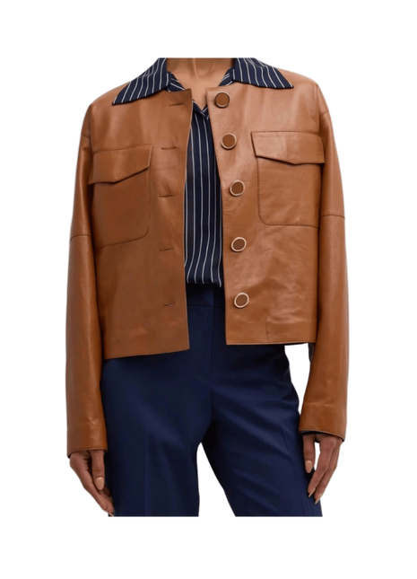 Brown leather jacket with striped shirt and navy pants