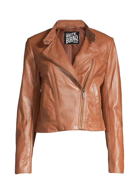 Brown leather jacket with a visible brand label 