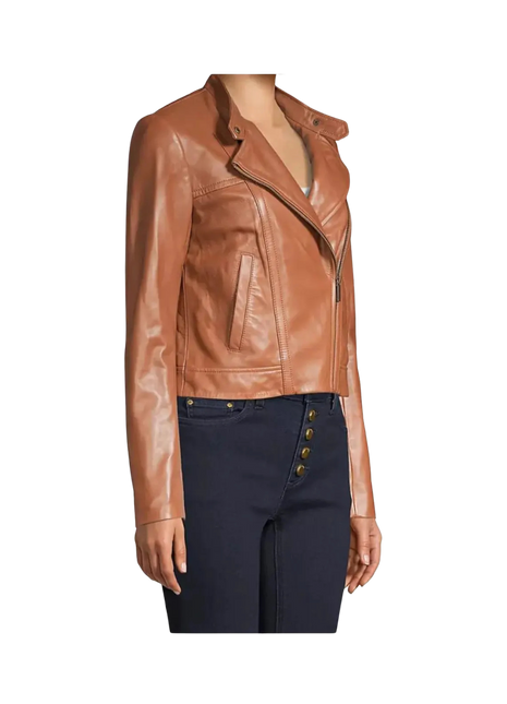 Brown leather jacket worn by a person