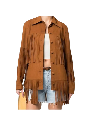 Brown fringed jacket worn by a person 
