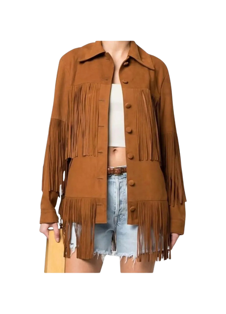 Brown fringed jacket worn by a person 