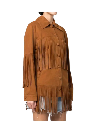 Brown fringed jacket worn by a person