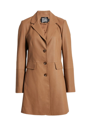 Brown coat with a visible brand label 