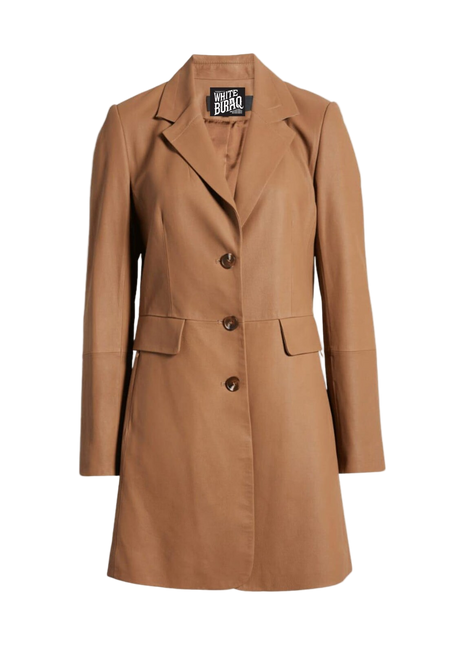 Brown coat with a visible brand label 