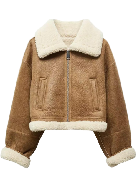 Brown jacket with white fur lining 