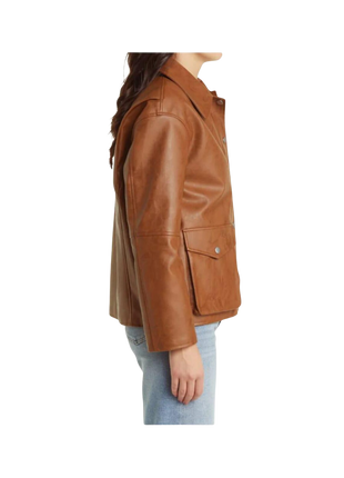 Brown leather jacket worn by a person