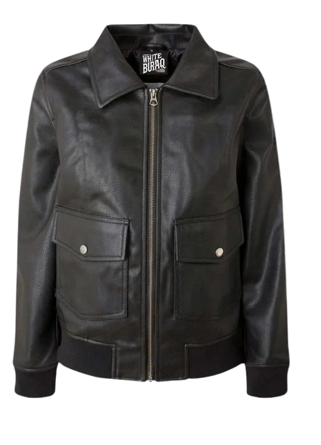 Black leather jacket with a brand label 