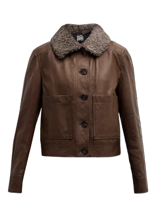 Brown leather jacket with a fur collar 