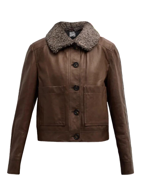 Brown leather jacket with a fur collar 