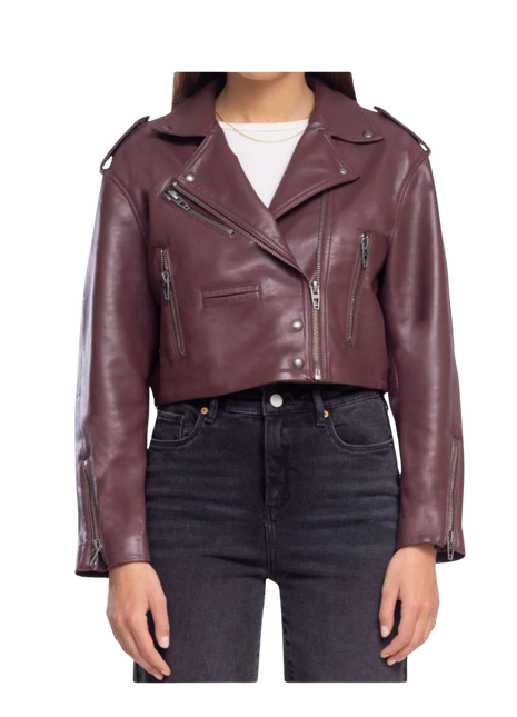 Purple leather jacket worn by a person 