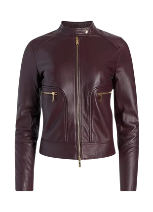 Maroon leather jacket with gold zippers