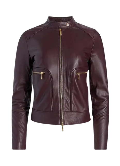Maroon leather jacket with gold zippers