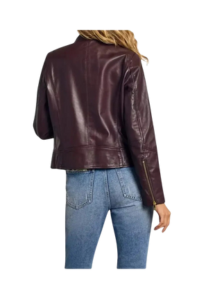 Brown leather jacket worn by a person