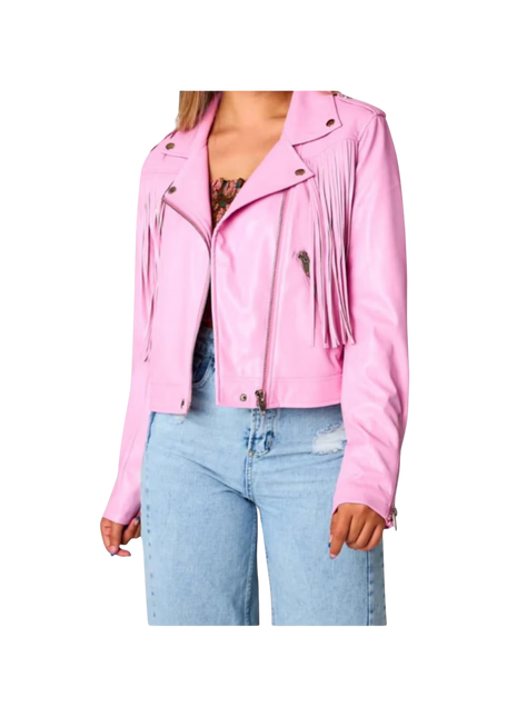 Pink leather jacket worn by a person 
