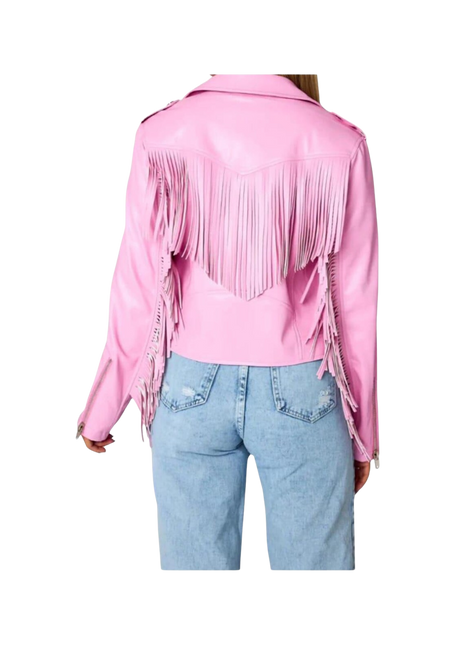 Pink fringe jacket worn by a person 