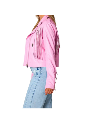Pink jacket with fringe details worn by a person 