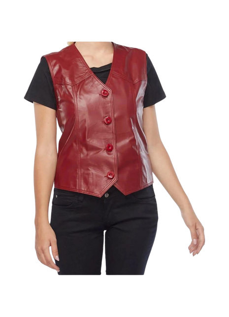 Red leather vest worn over a black shirt 