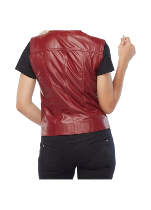 Red leather vest worn by a person 