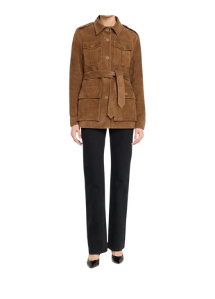 Brown jacket with a belt and black pants 