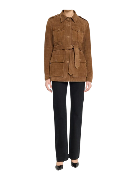 Brown jacket with a belt and black pants 