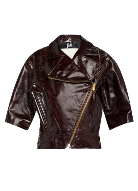 Brown leather jacket with gold zipper 
