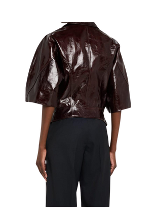 Person wearing a shiny brown jacket and black pants 