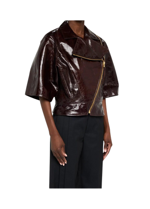 Brown leather jacket with gold zipper 