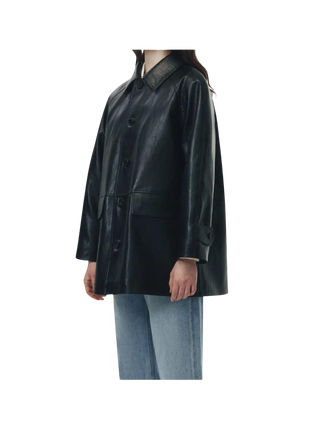 Black leather coat worn by a person 