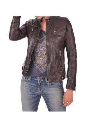 Brown leather jacket worn by a person 