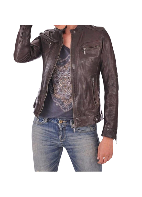 Brown leather jacket worn by a person 