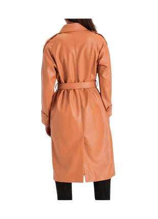brown trench coat worn by a person on a white background